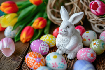 Wall Mural - White rabbit is sitting on table with bunch of Easter eggs