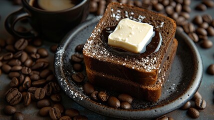 Wall Mural - Morning breakfast with black bread and butter. Background concept