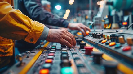 Worker in a control room managing a dashboard of a factory chain. Industry 4.0 digital worker in a ordinary factory. Innovation job. First of May