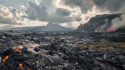 Wall Mural - Time-lapse style image capturing the changing textures and colors of a lava field over time.