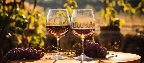 Sticker - Two wine glasses rest on a wooden table beside a cluster of grapes. The elegant stemware holds a delightful fluid, perfect for wine enthusiasts or those enjoying a dessert wine or alcoholic beverage