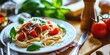 Delicious plate of stringozzi noodles with tomato and basil on a table