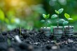 © Parvez - Concept of green business, finance and sustainability investment in 2024. Stack of silver coins the seedlings are growing on top with arrow of growth and icons.Carbon credit. ESG, Co2, NetZero