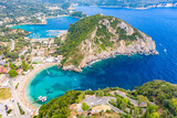 Fototapeta Na drzwi - Aerial drone view of famous Paleokastritsa beach resort on Corfu island, Greece