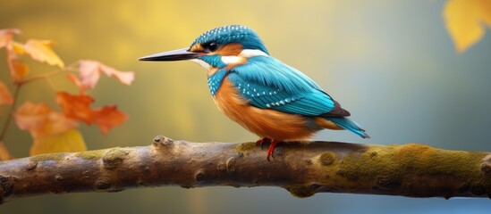 A small electric blue and orange songbird perched on a tree branch, with its colorful feathers, beak, and wings blending in with the green plant and brown wood background