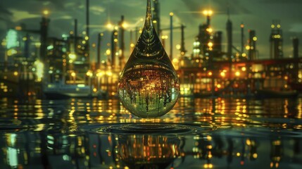 Canvas Print - A captivating scene of an oil drop reflecting a world driven by fossil fuels, with hints of alternative energies in the background.