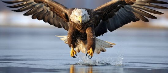 Canvas Print - A Bird of prey from the Accipitridae family, the Bald Eagle, with impressive wingspan, soars elegantly over a body of water with its sharp beak and keen eyesight