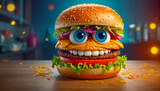 Fototapeta Natura - cartoon hamburger with eyes food
