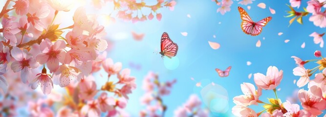 Wall Mural - Spring background with pink cherry blossom flowers and flying butterflies on a blue sky banner Generative AI