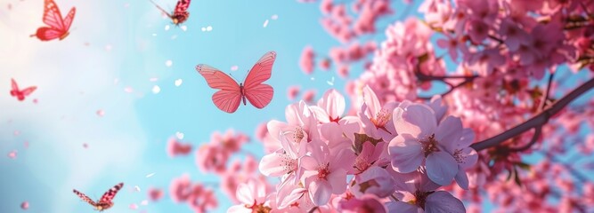 Wall Mural - A springtime nature landscape with a blooming tree and flying butterflies Generative AI