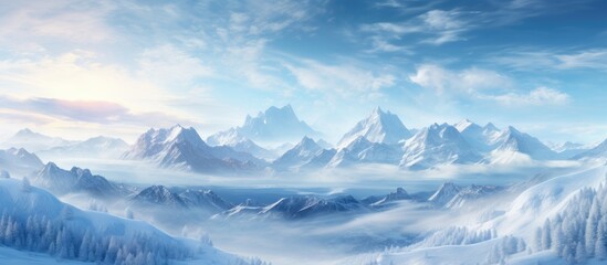 Poster - A natural landscape with a snowy mountain range under an electric blue sky dotted with fluffy cumulus clouds, creating a picturesque horizon