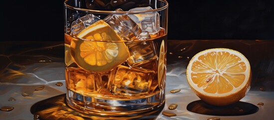 Sticker - A glass of Cognac with ice, a slice of Rangpur, and a rusty nail on a tableware. The alcoholic beverage is a classic drink made with highquality ingredients