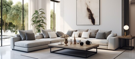 Wall Mural - A contemporary living room filled with furniture including a modern sofa, set of pillows, coffee table, and rug, all bathed in natural light from a large window.