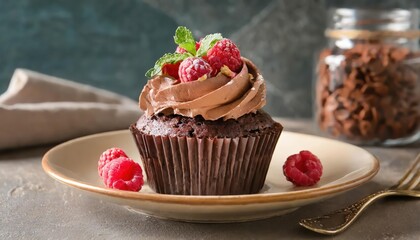 Plate of tasty chocolate cupcake with raspberries on table