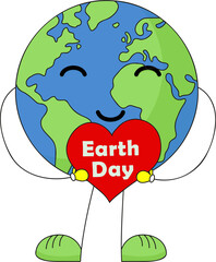 Wall Mural - planet Earth cartoon character holding red heart with Earth Day lettering