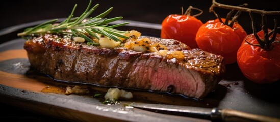 Wall Mural - A closeup shot of a beef steak on a white plate garnished with fresh tomatoes and fragrant rosemary. This delicious dish is a perfect example of classic cuisine showcasing quality ingredients