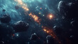 Asteroid belt with glowing rocks and cosmic dust in deep space, suitable for sci-fi backgrounds.