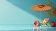 Minimalist summer scene with orange umbrella, chair, and lifebuoy against a blue wall with sunlight and palm shadows.