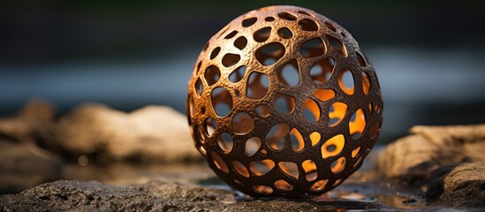 Canvas Print - A macro photograph showing an Eastern box turtle, a terrestrial reptile, sitting on top of a rock sculpture made of copper, blending with the natural material in its environment