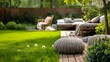 House summer terrace with cozy sofa and green grass. Background concept