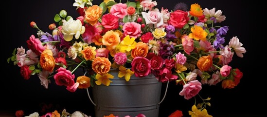 Sticker - A stunning bouquet of colorful flowers, including pink roses and magenta petals, arranged in a bucket against a black background