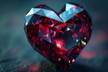 Poster - A close up image of a red heart shaped diamond on a glass table, sparkling with electric blue and magenta hues. This gemstone, Amber, is a stunning piece of body jewelry for any special event