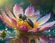 Magic water droplets on a beautiful flower and an insect sitting on it