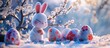3D large eared Easter bunny, pale blue floral background, cherry tree blossom, sakaura, ornate and colourful easter eggs.