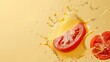 A tomato and some juice are being splashed together, AI