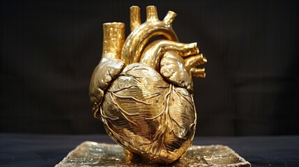 Wall Mural - A golden heart sculpture on a marble base with leaves, AI