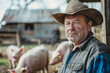 Farmer feeding pigs, portrait of serious man on American farm with cowboy hat in pig sty on farm with copy space