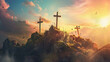 Sunset at a serene hilltop with three crosses surrounded by flying birds glowing clouds and a dramatic colorful sky