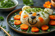 dish in the shape of an animal face decorated with green onions and carrots . children's breakfast concept 