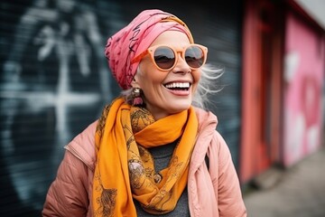 Wall Mural - Portrait of a happy senior woman wearing sunglasses and headscarf