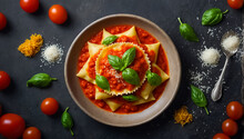 Delicious Ravioli With Tomato Sauce, Basil, Cheese In The Kitchen
