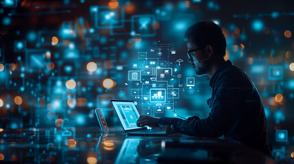 Asian men using digital tablet computer analyzing and developing software on the futuristic virtual interface screen. Algorithm, big data analysis and management, data visualization