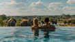 A couple in a swimming pool within the background African Elephants in the savanna in Africa, a safari camp, and a luxury lodge pool in the bush in South Africa, luxury safari