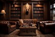 Rugged Mountain Study Room Ideas: Antler Decorations, Leather Sofa, Wood Paneling Inspiration Showcase