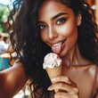 Happy woman holds an ice cream cone in her hands and sticks out a tongue to taste it in cafe on a hot summer day. licking ice cream. Pleasure. Fun. Tasty, delicious, sweet. Generative AI