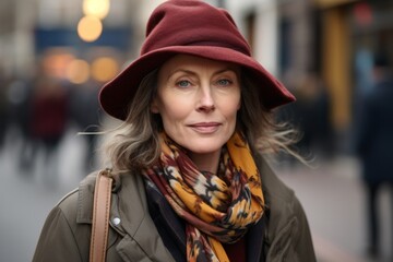 Wall Mural - Portrait of mature woman in hat and scarf walking in city street