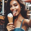 Happy woman holds an ice cream cone in her hands and sticks out a tongue to taste it in cafe on a hot summer day. licking ice cream. Pleasure. Fun. Tasty, delicious, sweet, Generative AI