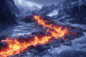 Poster - Molten lava flowing beneath a glacier, depicting the silent but powerful conflict between opposing natural forces. Concept of geological tension. Generative Ai.