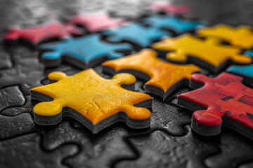 Wall Mural - a black and white puzzle revealing its colorful image as the pieces come together, symbolizing the c