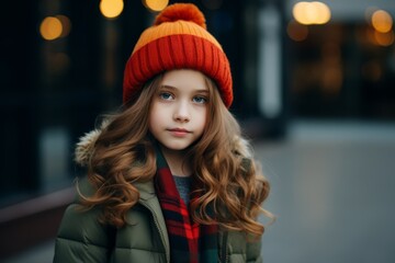 Wall Mural - Portrait of a cute little girl in a warm hat and coat.