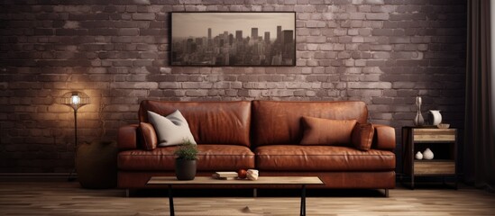 Wall Mural - A contemporary living room featuring a brown leather couch and a sleek coffee table. The room is well-lit, with minimalistic decor and ample space for relaxation and entertainment.