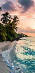 Wall Mural - tropical beach view at sunset or sunrise with white sand, turquoise water and palm trees. Neural network generated image. Not based on any actual scene or pattern.