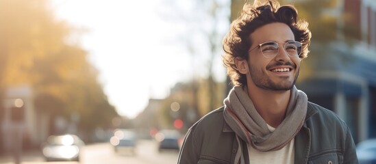 a young hispanic man, wearing a scarf around his neck, walks confidently down a city street, smiling