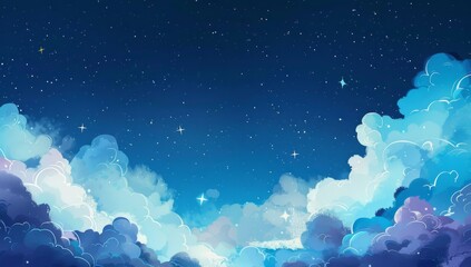 Wall Mural - Watercolor illustration style simple and cute background of dark blue sky with white clouds and stars Generative AI