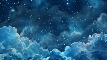 a pattern with watercolor clouds in shades of blue, stars and constellations generative ai