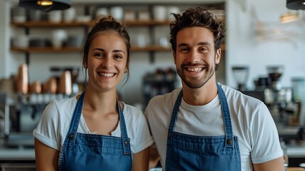 2 Happy worker or barista wearing blue apron 